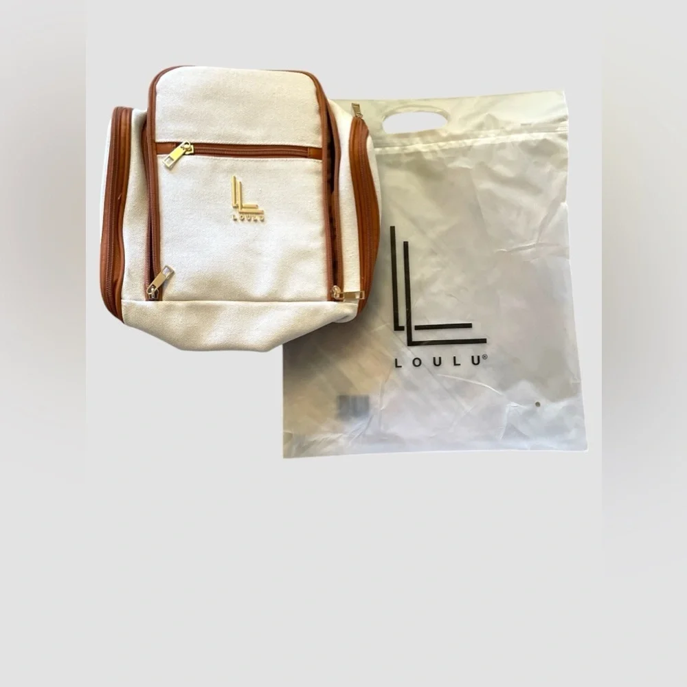 Loulu Hanging Travel Toiletry Bag Cosmetic Canvas Tan Vegan Leathe Shave Kit Bag
